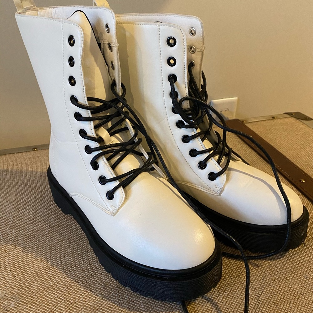 White faux leather combat boot